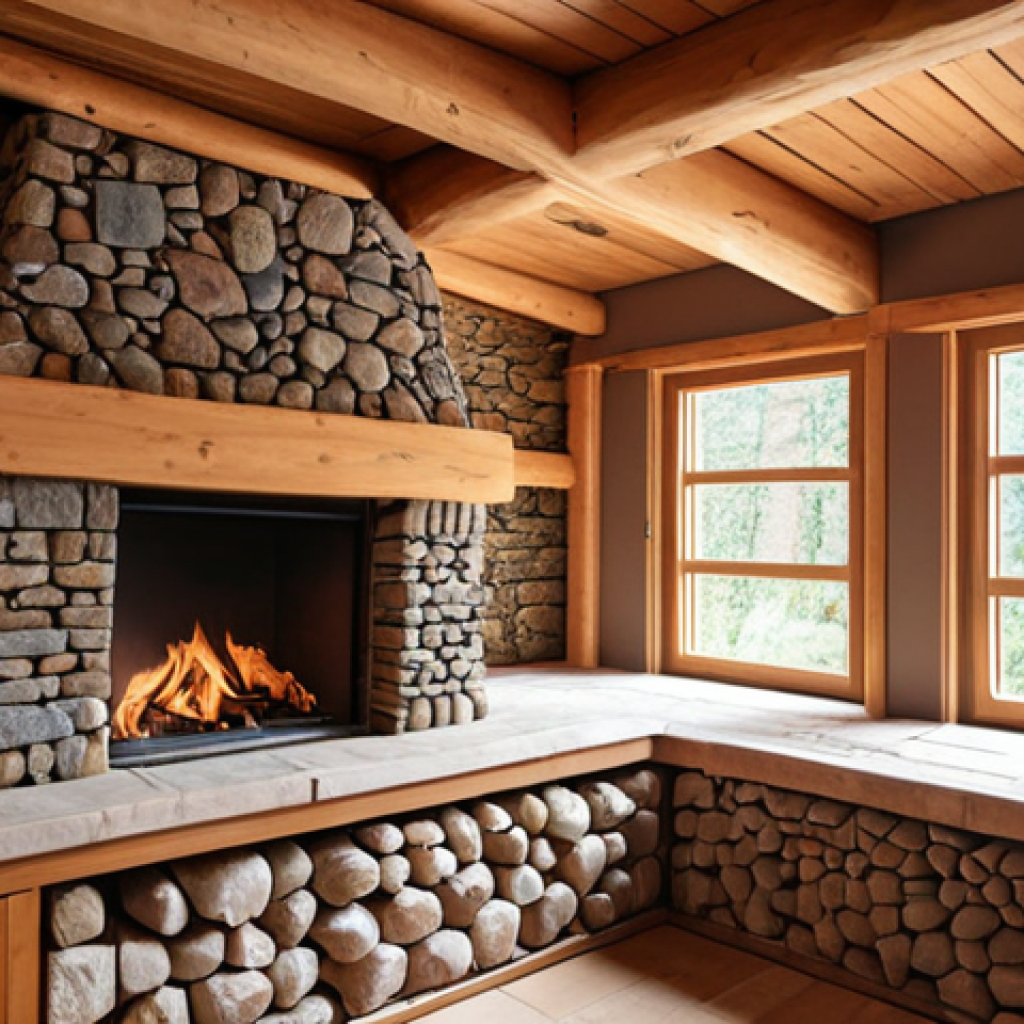**Natural Building Materials**: Create an image showcasing a cozy interior space featuring natural building materials like wood and stone. The atmosphere should convey warmth and comfort, emphasizing the positive impact of these materials on well-being.
