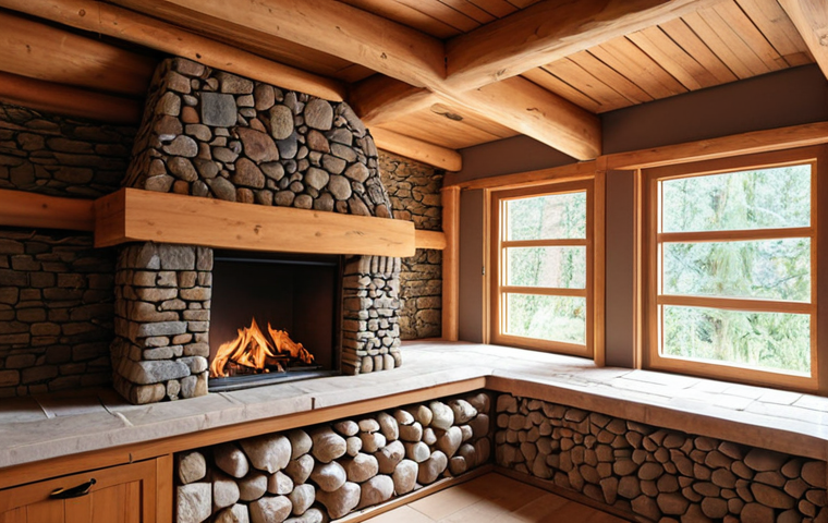 **Natural Building Materials**: Create an image showcasing a cozy interior space featuring natural building materials like wood and stone. The atmosphere should convey warmth and comfort, emphasizing the positive impact of these materials on well-being.